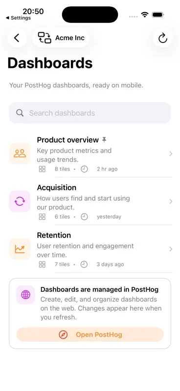PostHog dashboards displayed in HogScope on iPhone