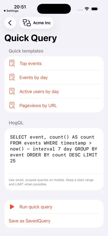 HogScope HogQL query editor on iPhone