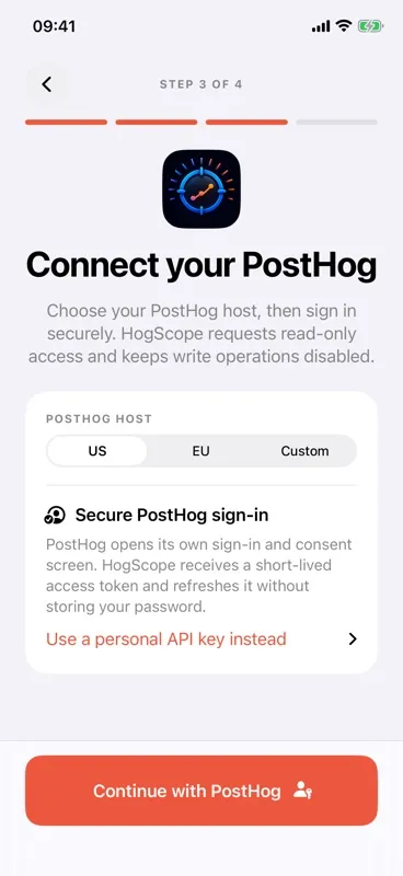 HogScope OAuth-first PostHog sign-in setup screen on iPhone